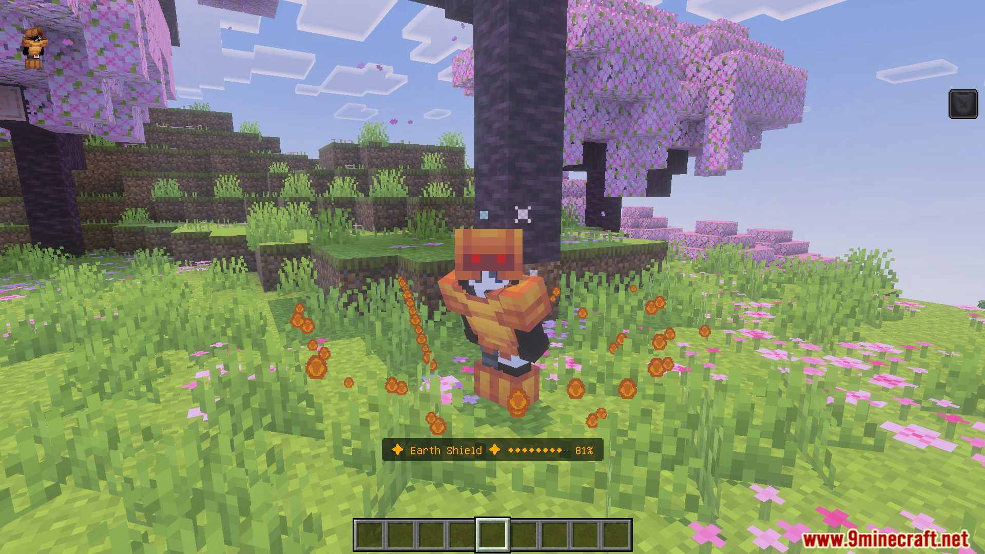 New Armors Overhaul Addon Screenshot 6 Character wearing orange armor set activating earth shield ability with custom particles