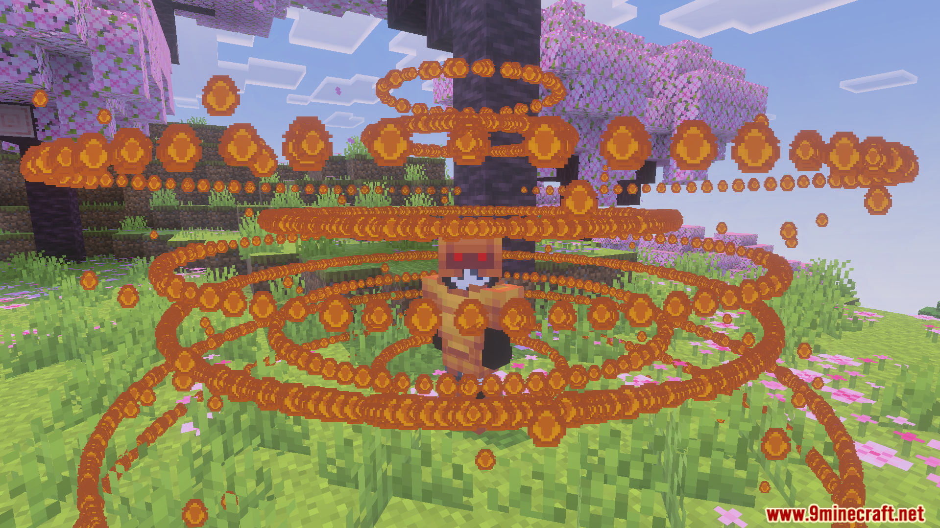 New Armors Overhaul Addon Screenshot 7 Minecraft player wearing custom armor set surrounded by orange geometric particle rings