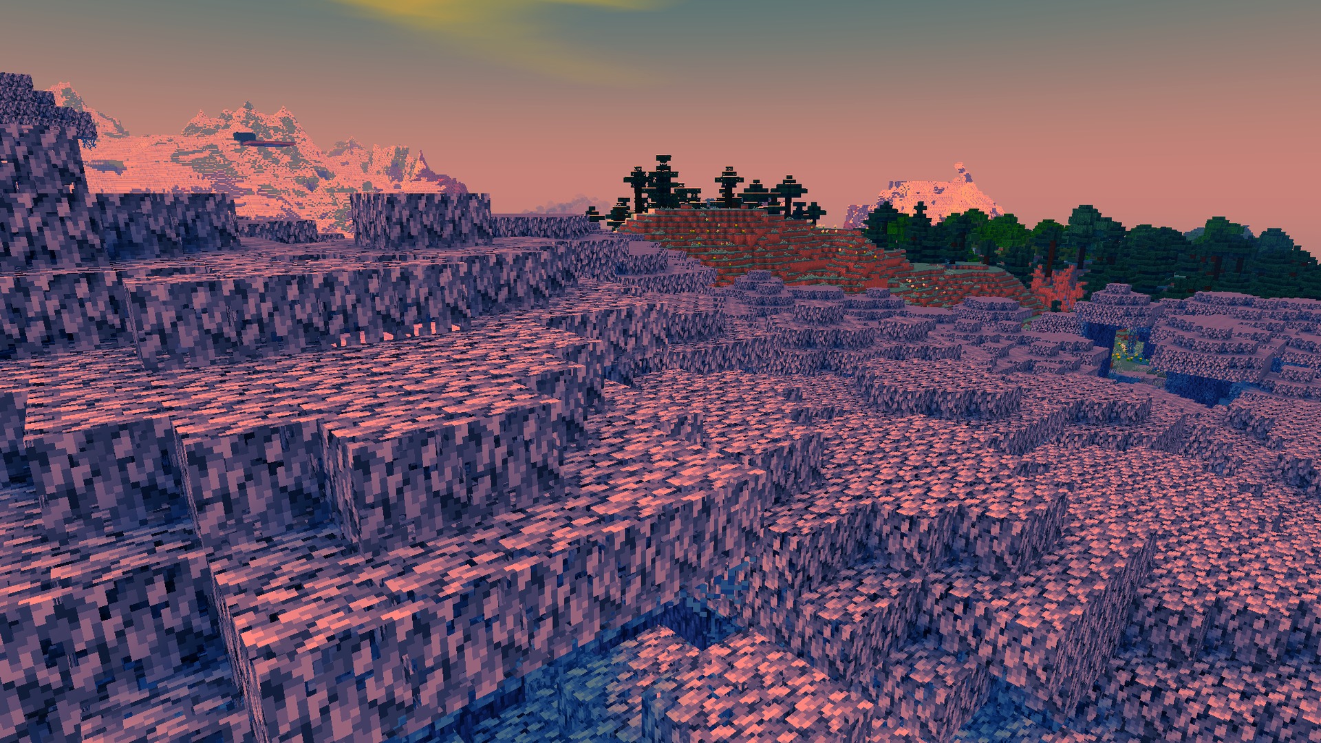 Newb Complementary Shader Screenshot 6 Snowy hillside terrain lit by the shader at dawn
