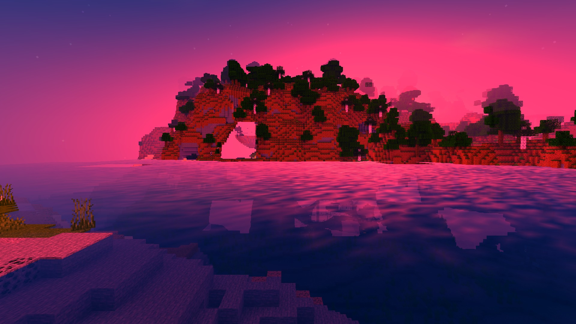 Newb Complementary Shader Screenshot 7 Pink sunrise over an island coastline