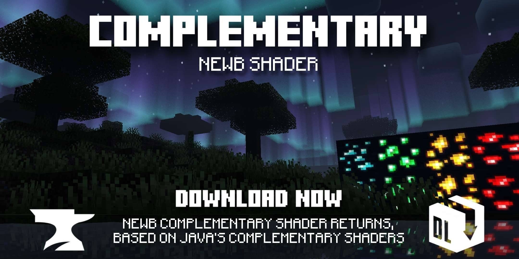 Newb Complemetary Shader Compatible with Minecraft Texture Pack Screenshot 1 Promotional banner showing glowing ores and auroras for Newb Complementary Shader