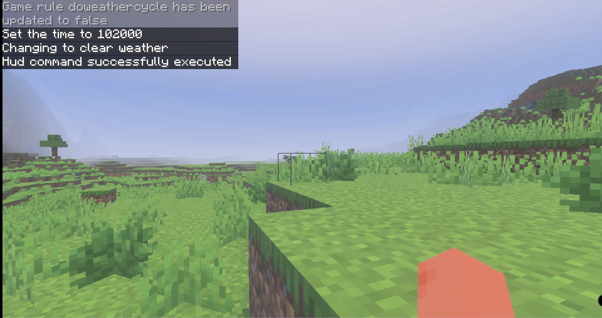 Newb Complemetary Shader Compatible with Minecraft Texture Pack Screenshot 2 First person view of a grassy biome with chat commands and fog