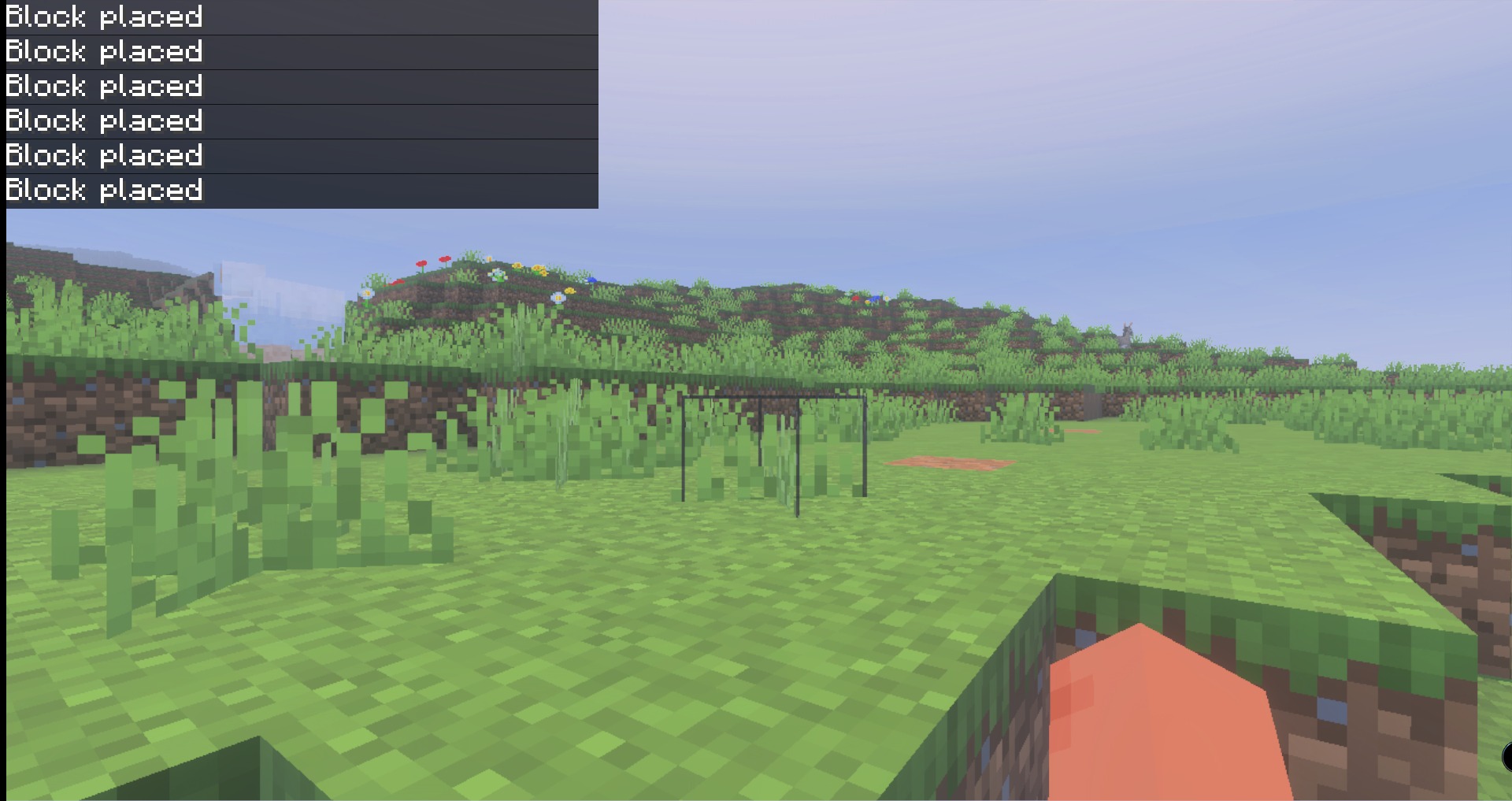 Newb Complemetary Shader Compatible with Minecraft Texture Pack Screenshot 4 Player placing blocks in a grassy field with realistic shader lighting effects