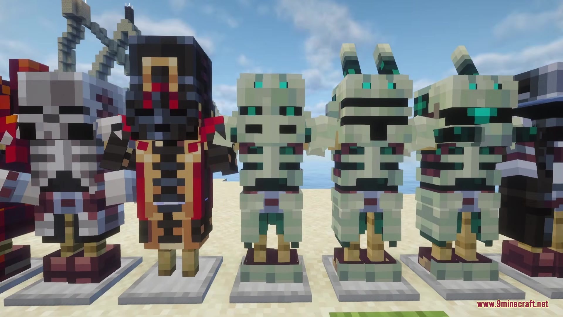Nexus Infection Mod Screenshot 1 A row of armor stands showcasing various futuristic and themed armor designs