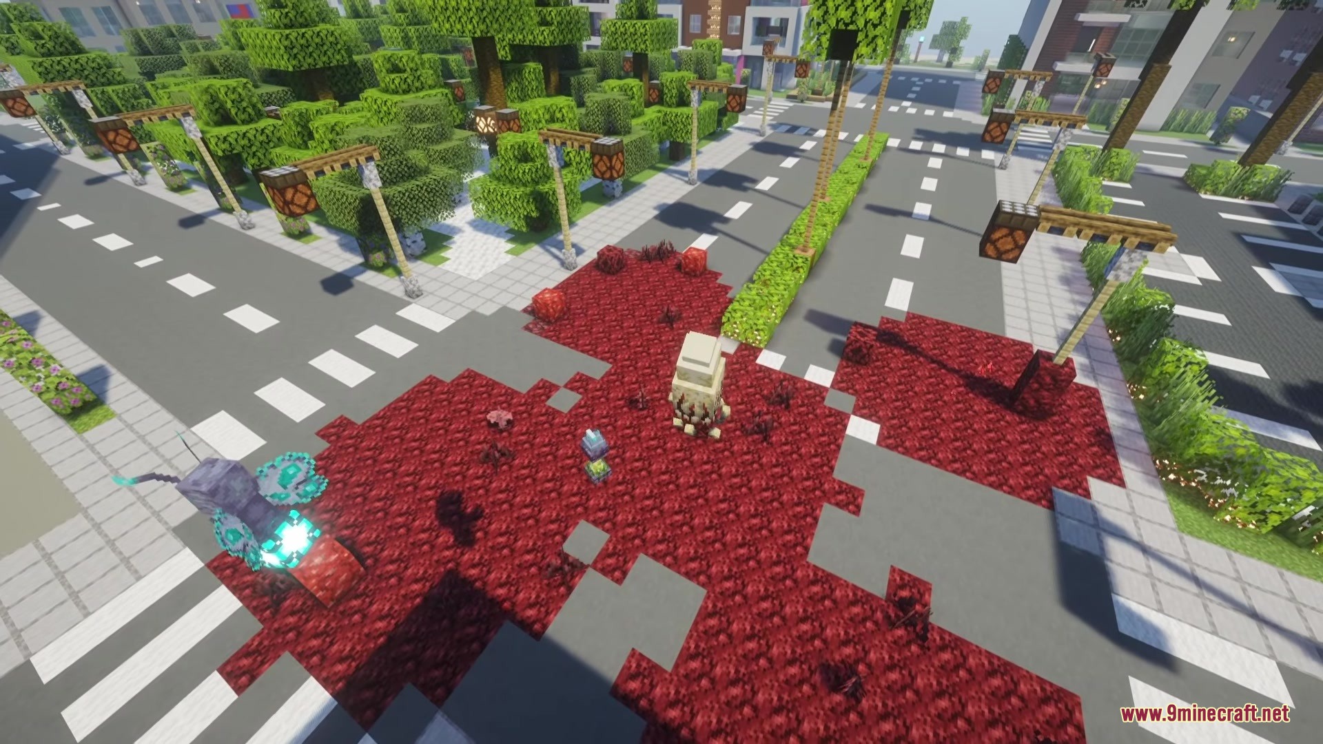 Nexus Infection Mod Screenshot 3 Nexus Infection spreading across a modern city street in Minecraft