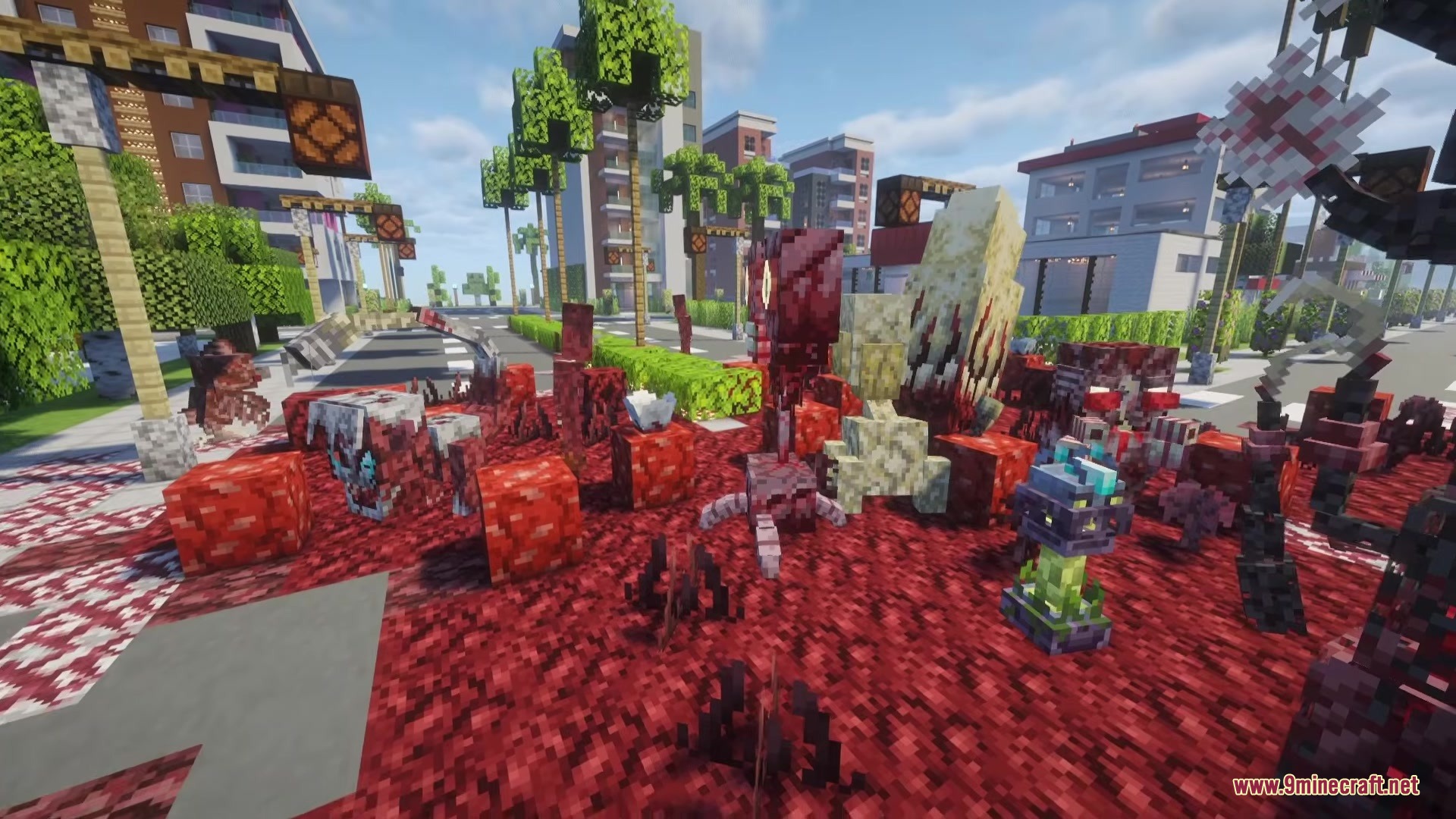 Nexus Infection Mod Screenshot 4 Mutated blocks and fleshy growths covering the ground in Minecraft
