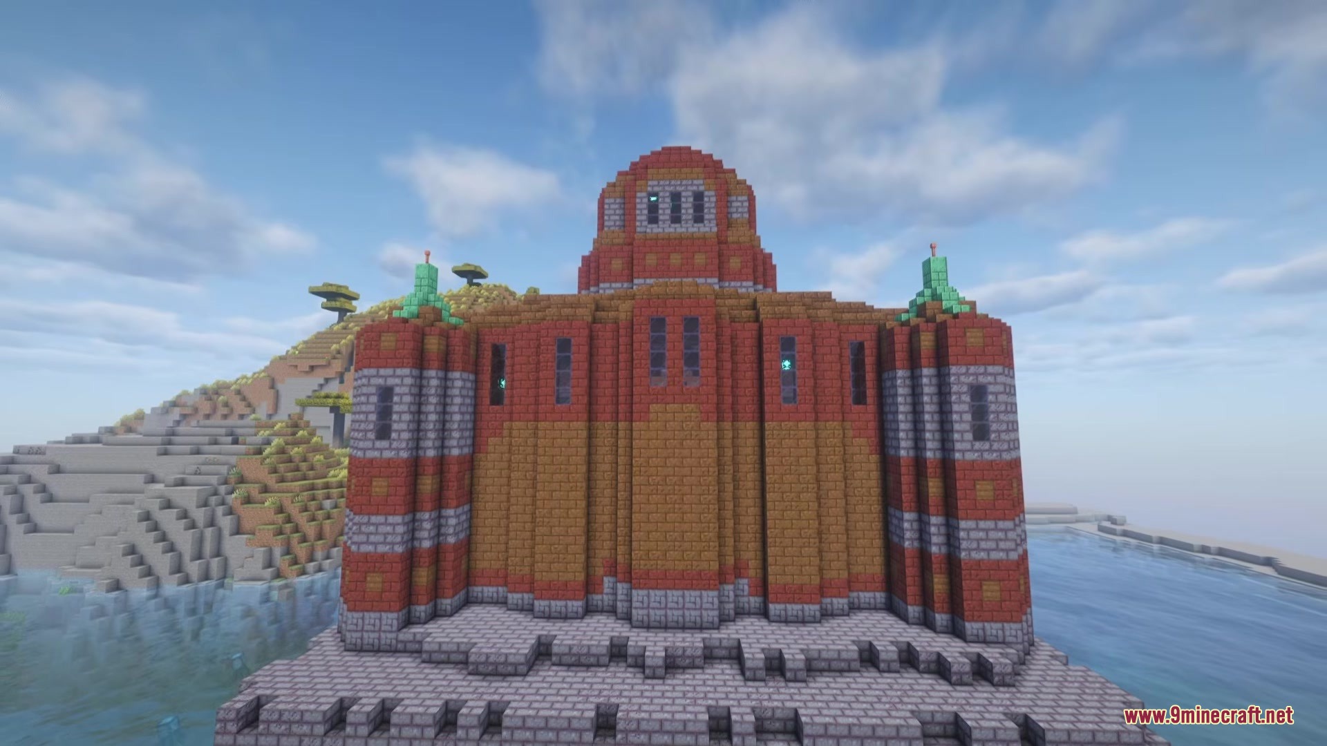 Nexus Infection Mod Screenshot 5 Red brick castle structure on a stone platform near the water
