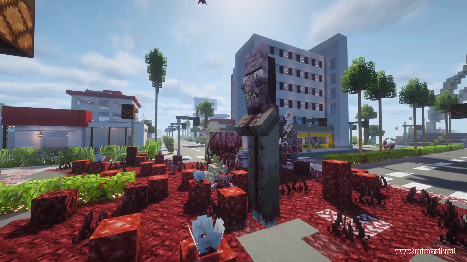 Nexus Infection Mod Screenshot 6 Mutated creature on red infected ground in a modern city street