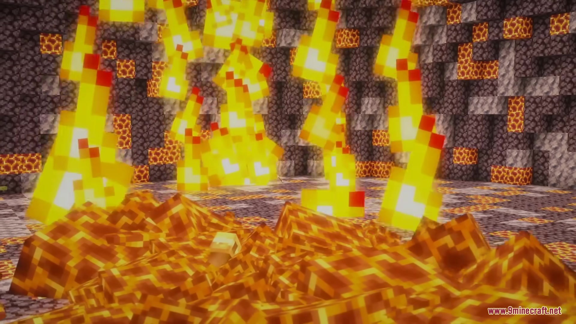 A fiery Minecraft arena filled with flames and lava blocks on the ground