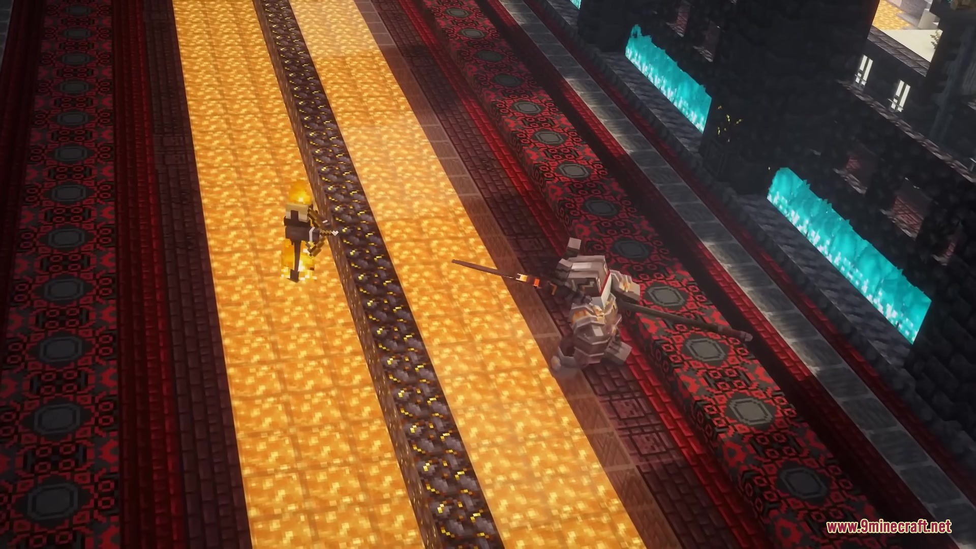 Nightfall Invade Mod features two powerful armored bosses fighting in a dark stone hallway