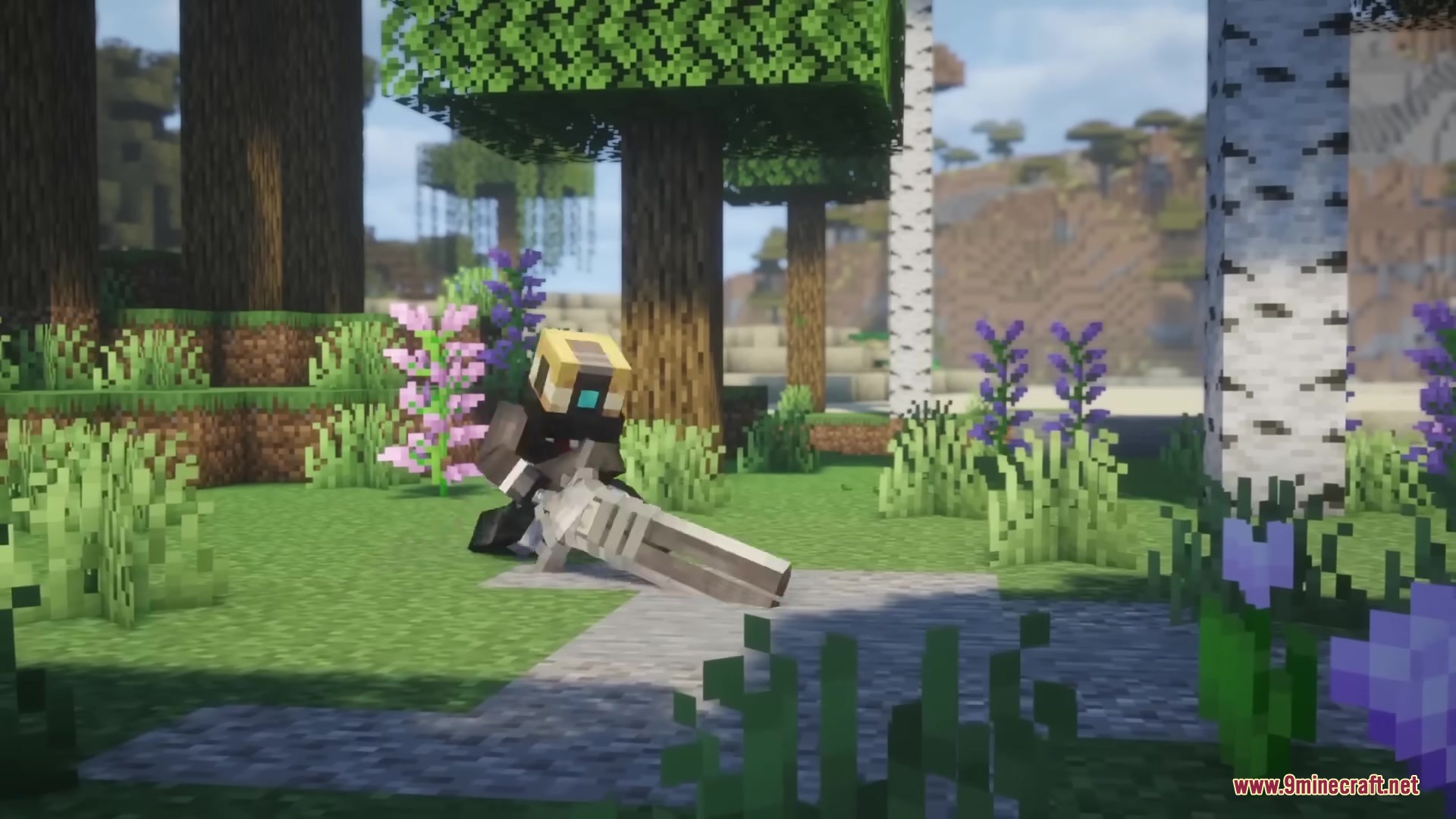 A player character wielding a giant sword stands in a birch forest