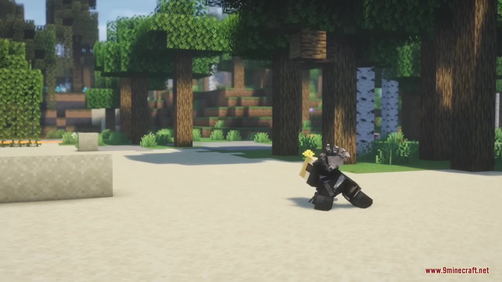 A dark armored warrior with a yellow flower kneeling on the sand