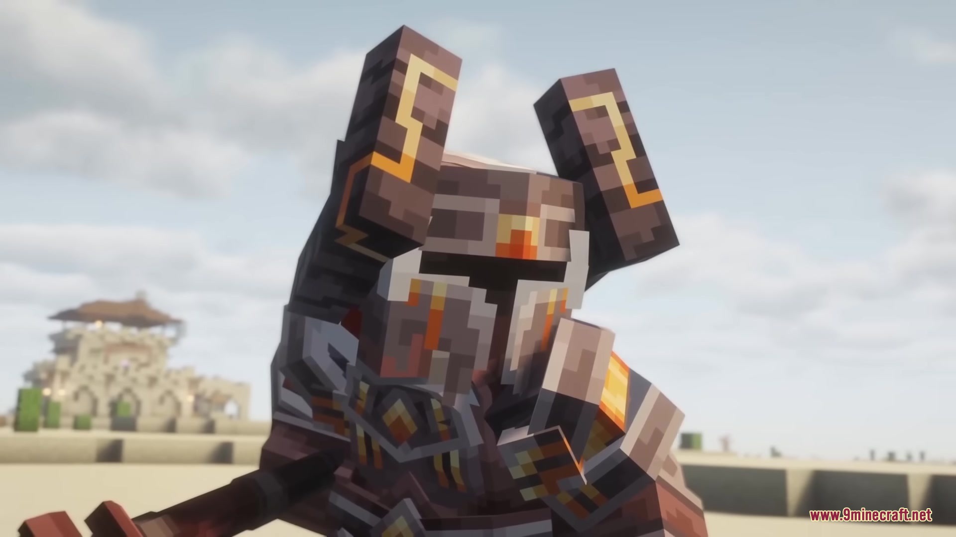 Close up view of a boss mob with glowing orange armor details