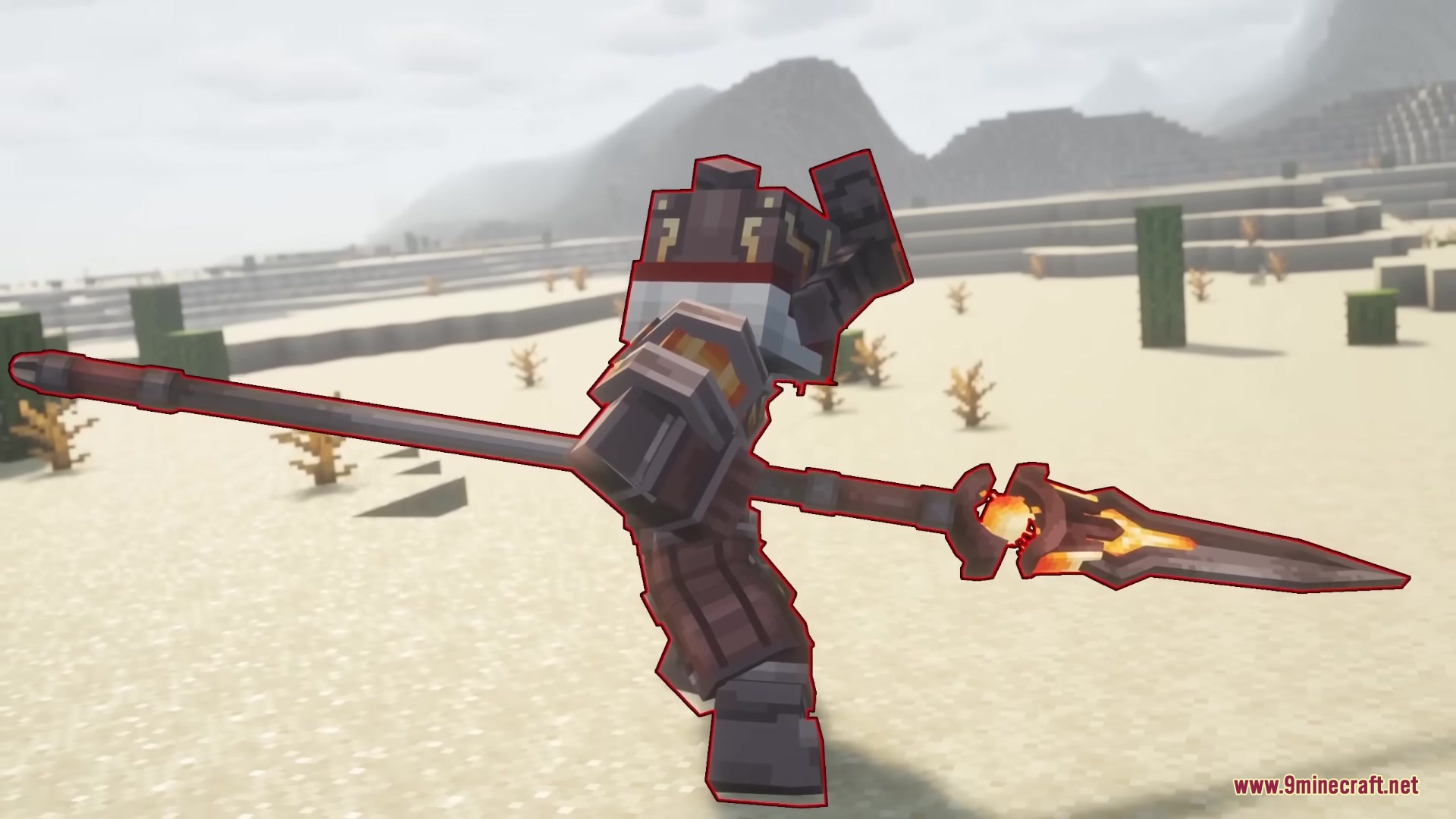 A boss mob wielding a large glowing spear in a desert biome