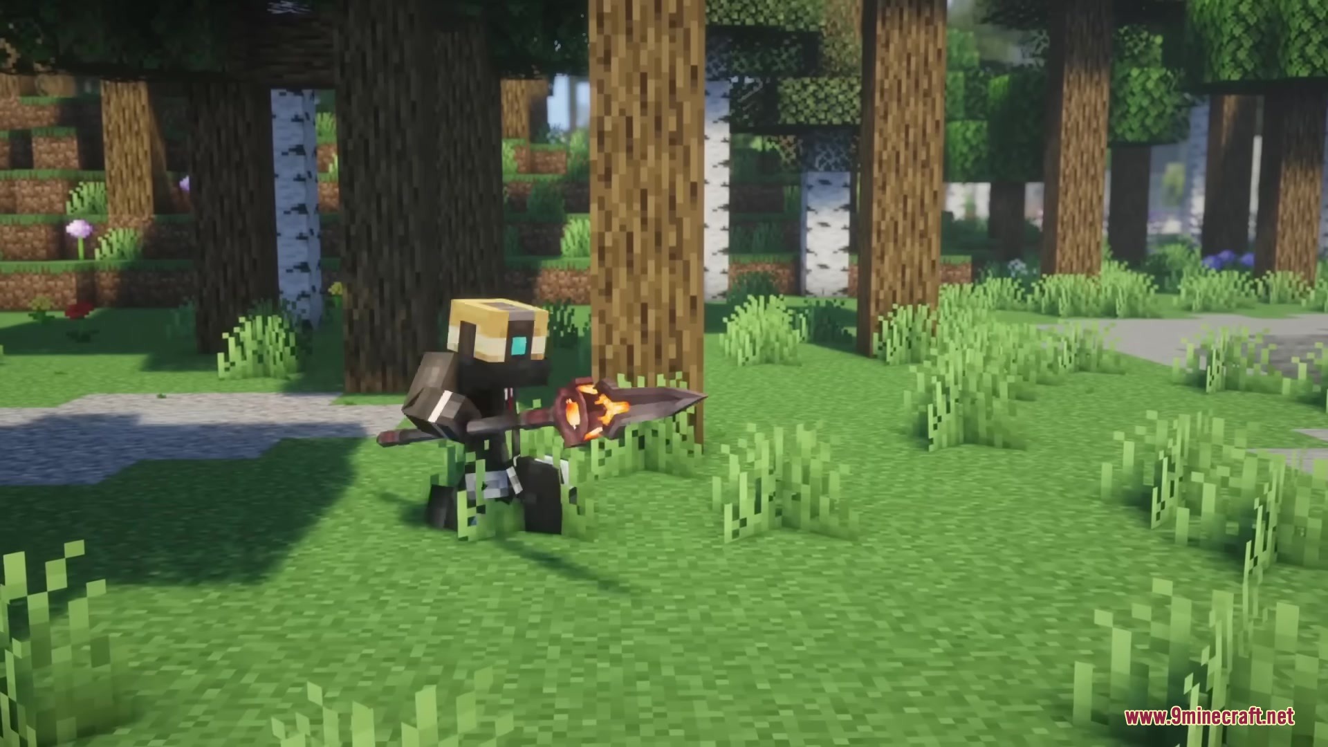 A Minecraft player holding a glowing spear while crouching in a lush forest