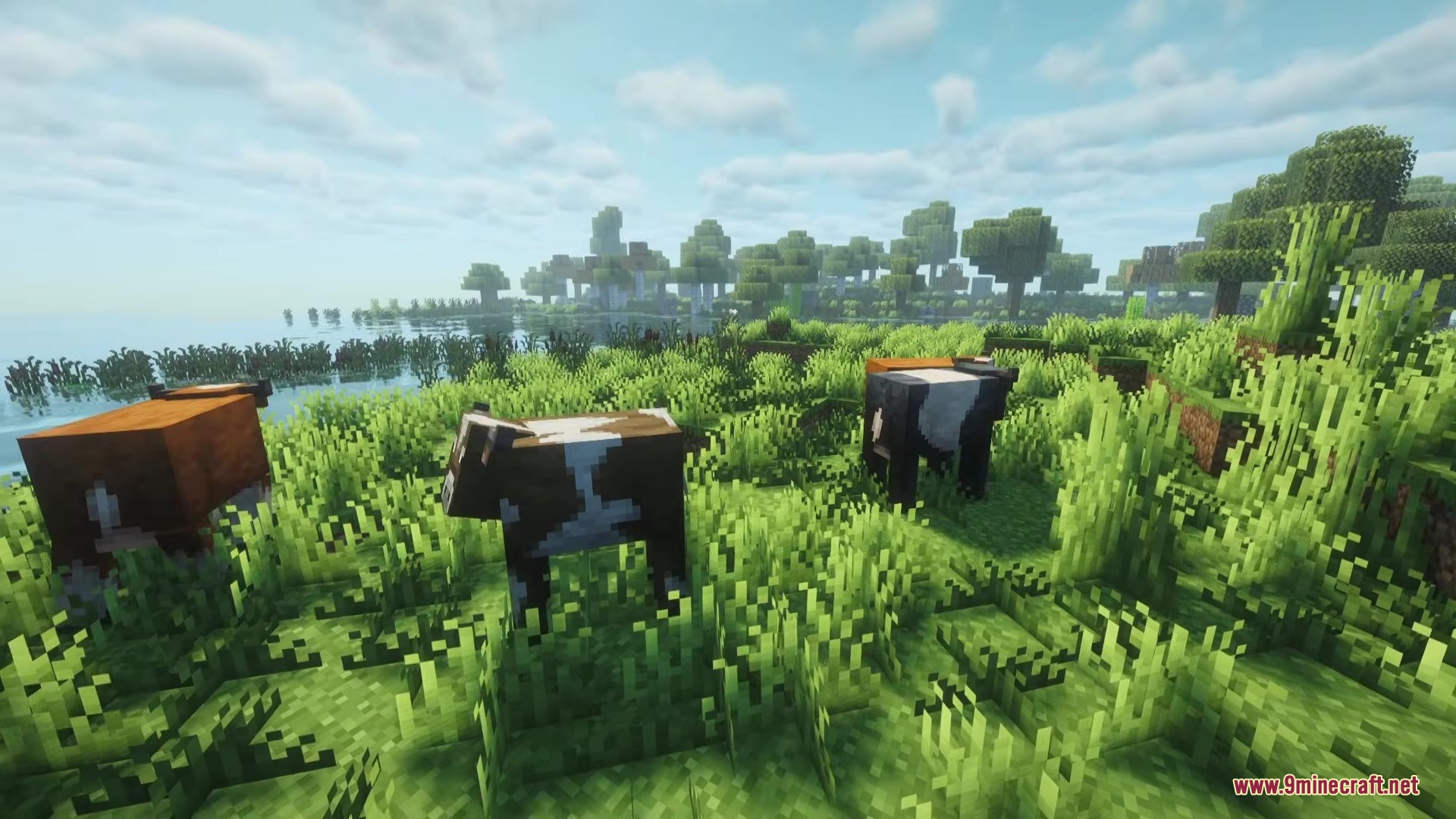 No Mans Land Mod Screenshot 10 Different cow variants grazing in a lush green field near a lake