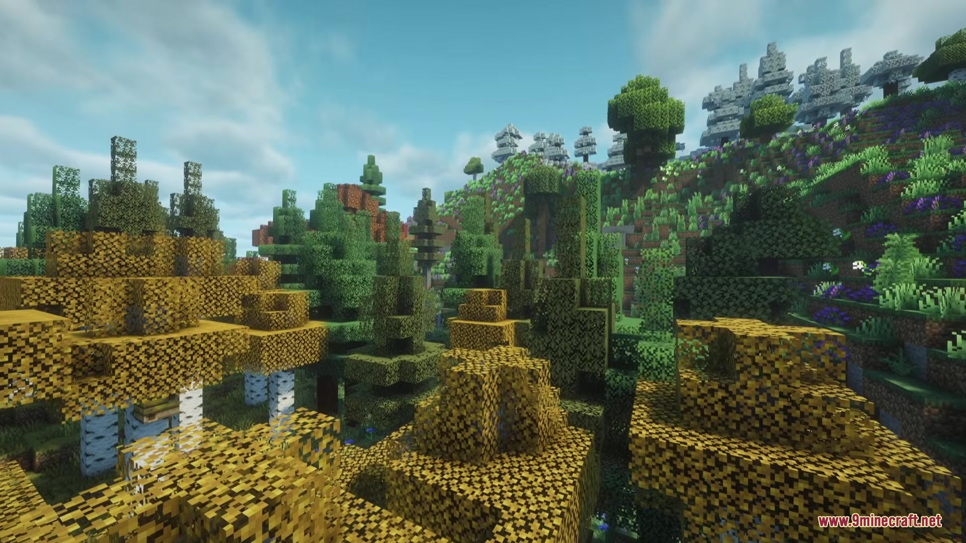 No Mans Land Mod Screenshot 12 Vibrant Minecraft forest landscape featuring yellow maple trees and diverse plant life