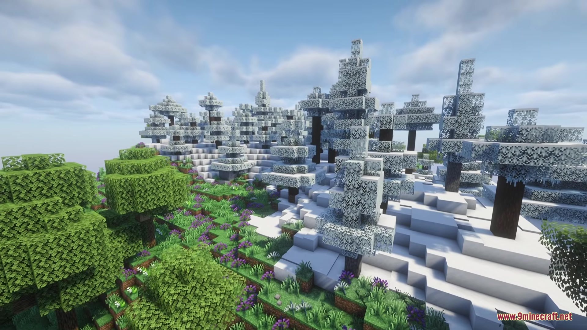 No Mans Land Mod Screenshot 13 A beautiful Minecraft landscape showing a snowy forest and green flower meadow