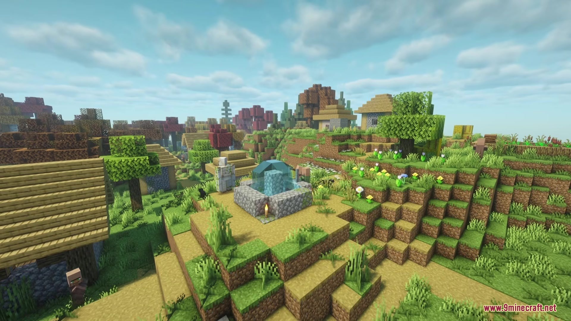 No Mans Land Mod Screenshot 14 An iron golem stands near a stone fountain in a hilly village