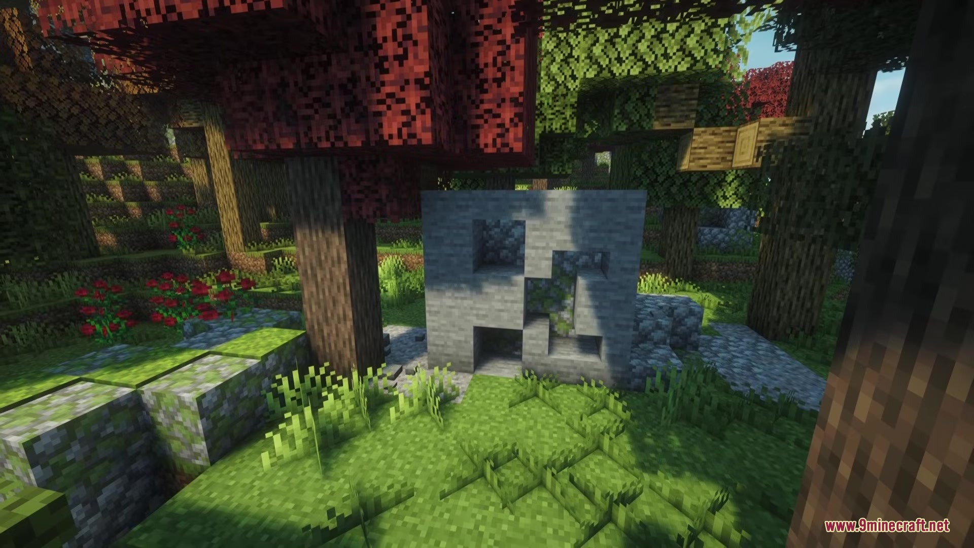 No Mans Land Mod Screenshot 15 A stone menhir structure stands in a forest with vibrant red leaves