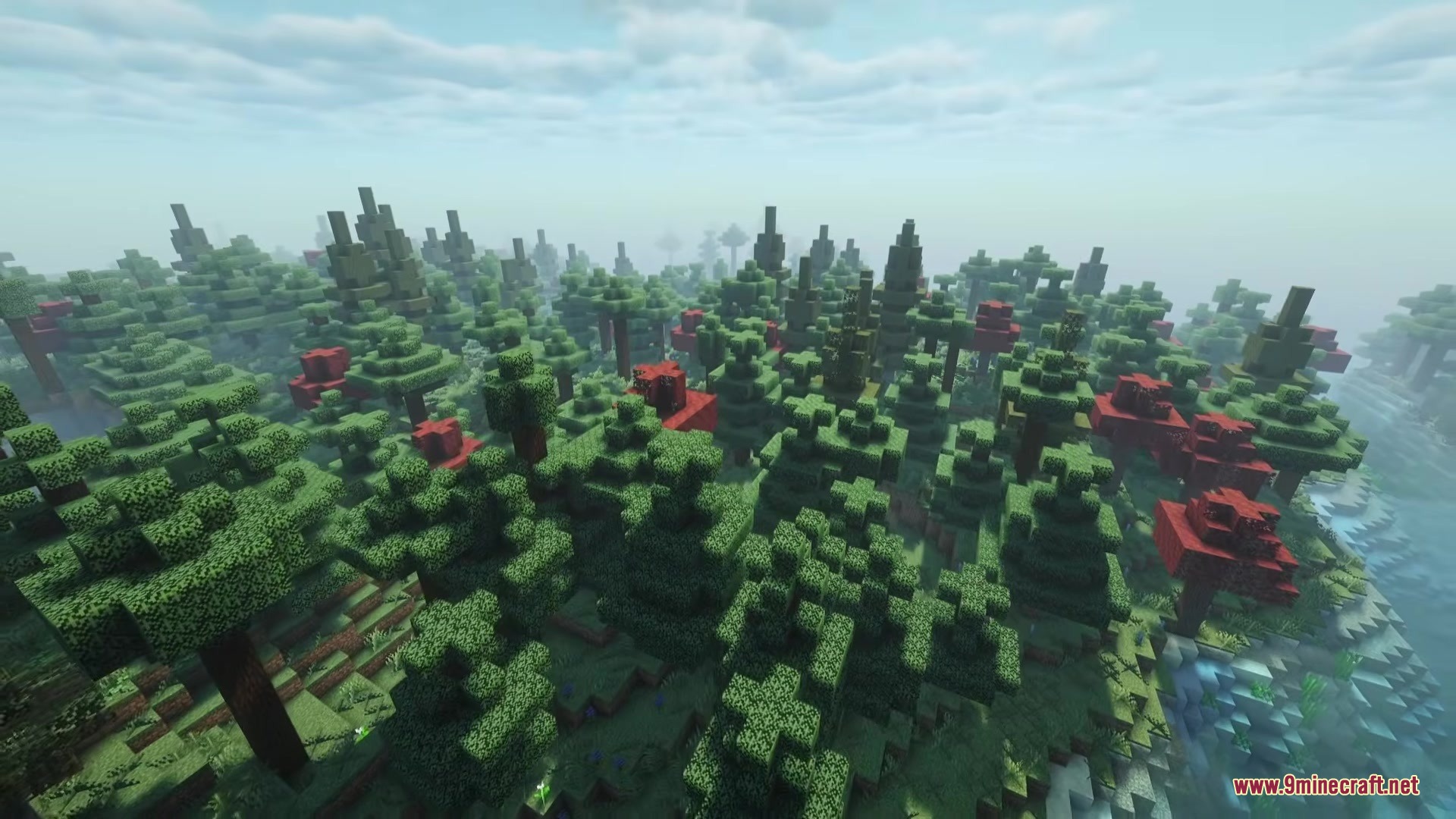 No Mans Land Mod Screenshot 4 Vibrant red and green trees fill a dense woodland area with misty horizons