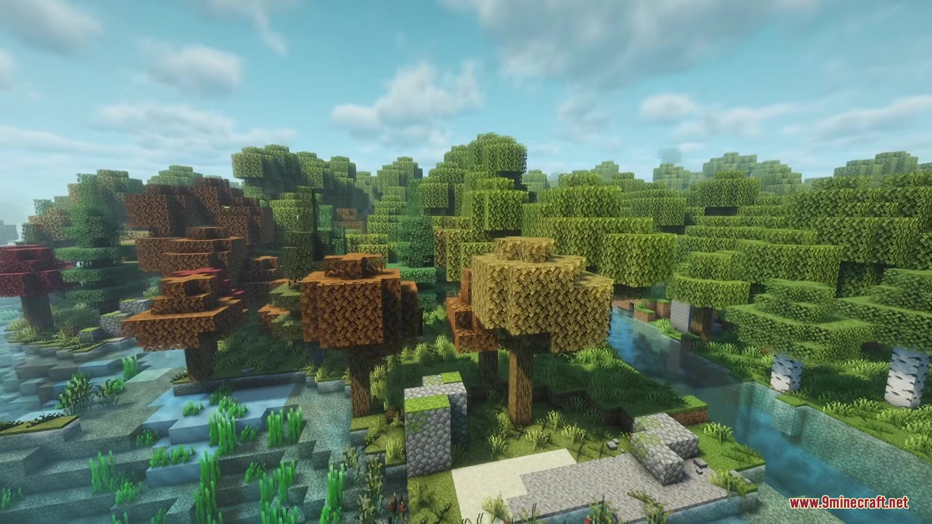 No Mans Land Mod Screenshot 5 Vibrant maple trees with orange leaves grow near a peaceful forest river
