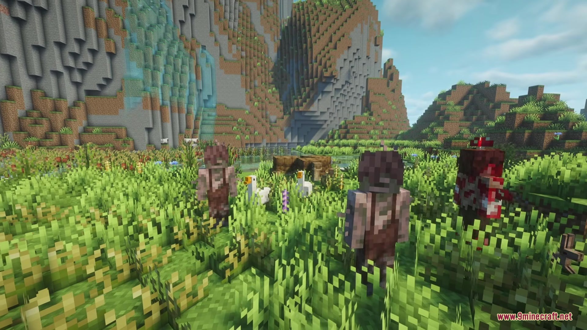 No Mans Land Mod Screenshot 7 Two characters stand in a lush field with geese and tall mountains
