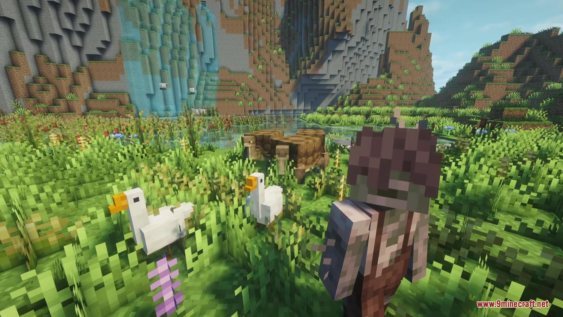 No Mans Land Mod Screenshot 8 White geese and animals roam a lush green field with a character