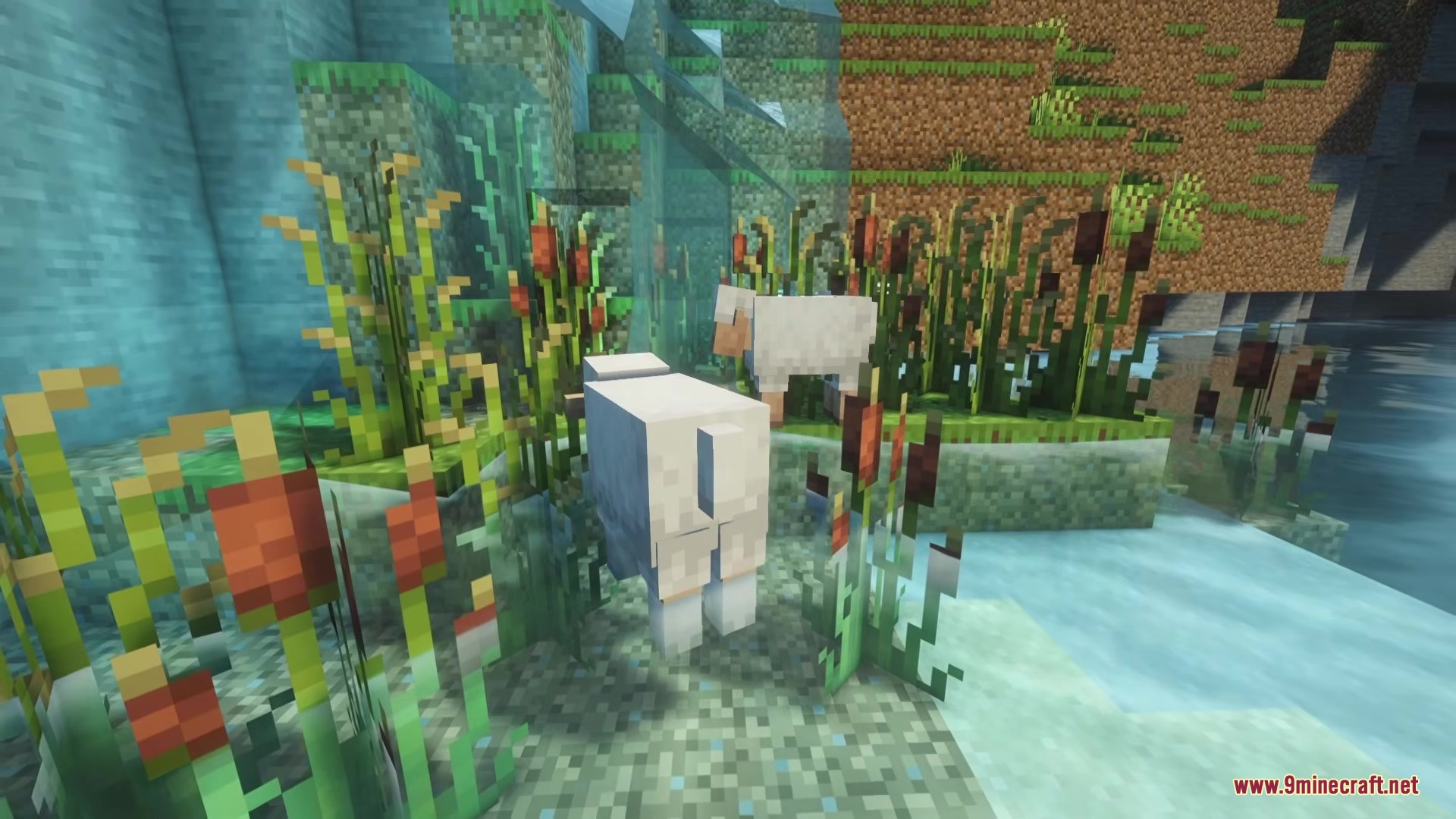 No Mans Land Mod Screenshot 9 Two white sheep standing among tall reeds by a clear river