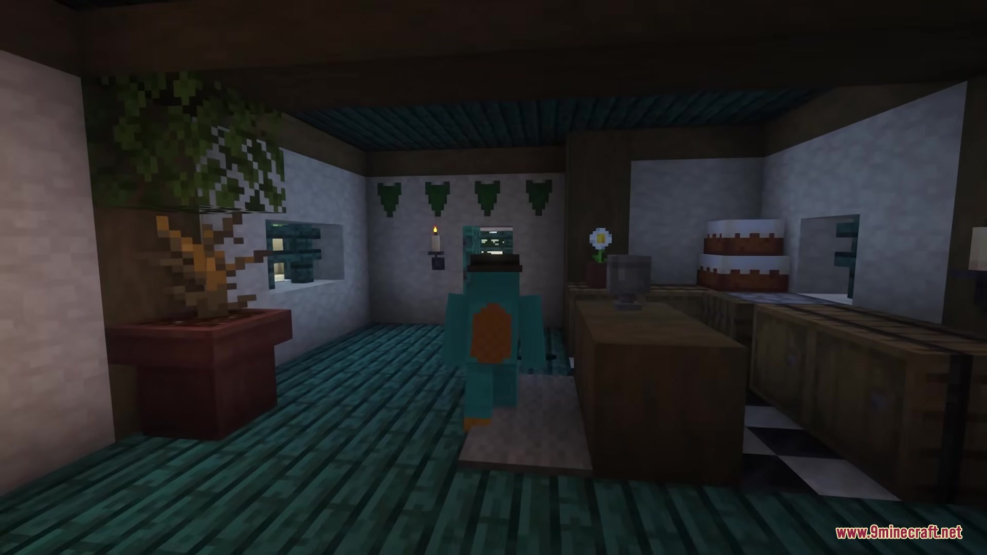 A player character standing in a room with teal wood floors and plants