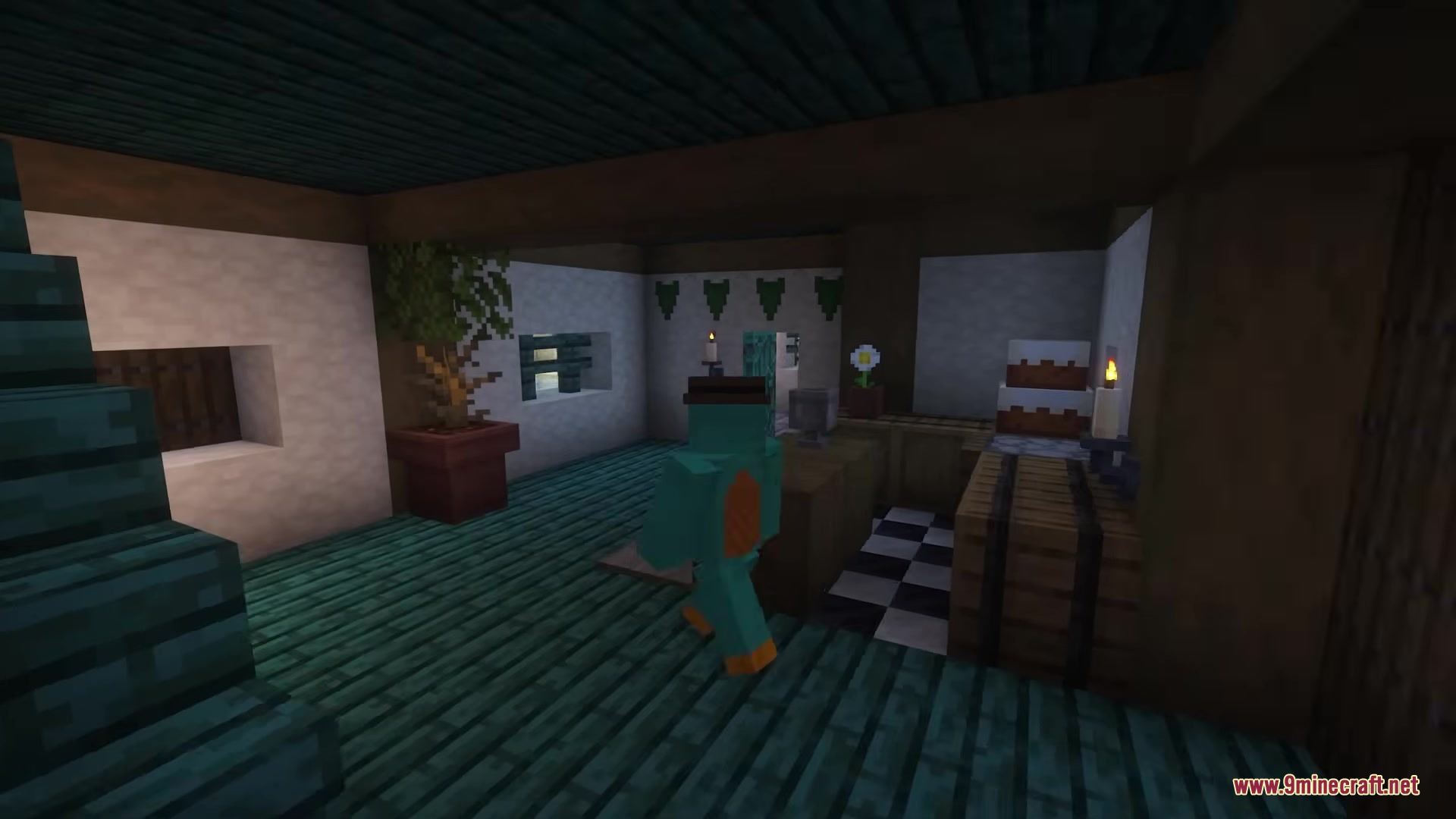 A character walking through a decorated room with teal wood and checkered floors
