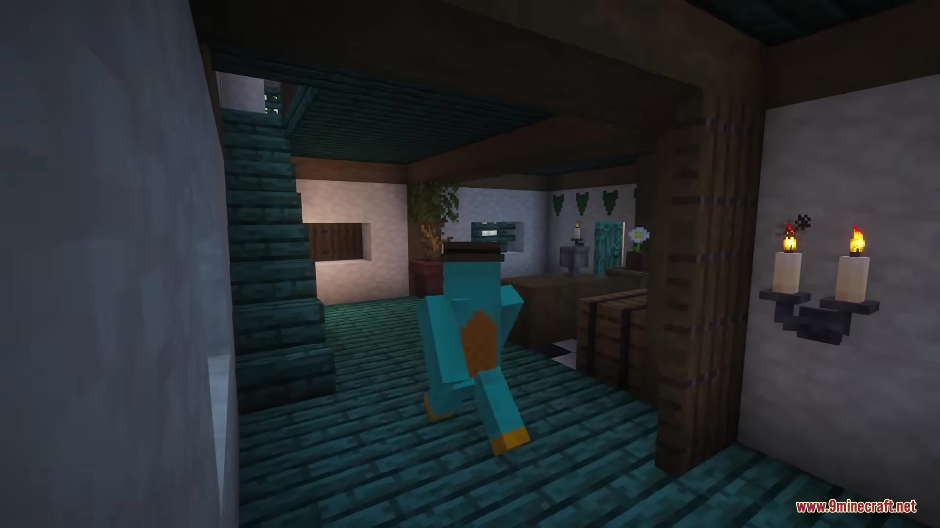 A player with a platypus skin walking inside a house with wooden floors