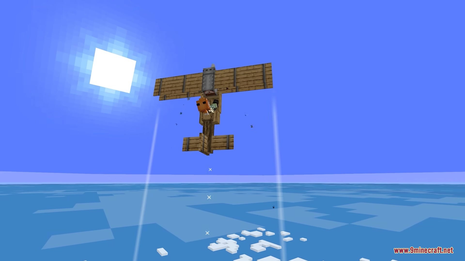 Fox character flying a wooden biplane high above the ocean in Novum Altitude Mod