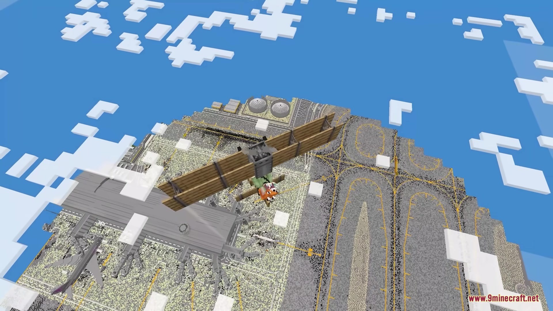 A wooden biplane soaring over a detailed airport with clouds visible below