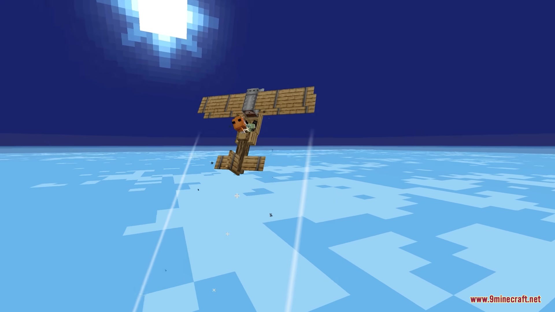 A player flying a wooden biplane high above the clouds in Minecraft
