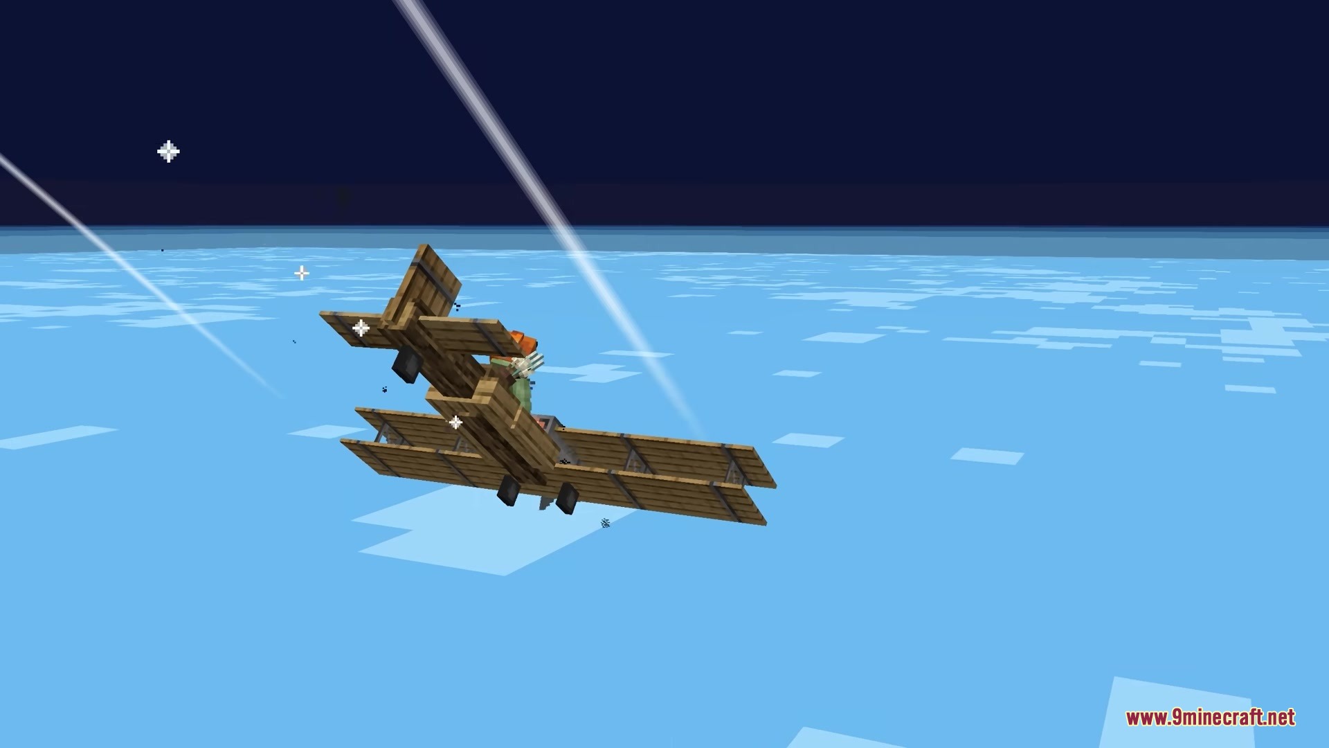 Rear view of a wooden biplane soaring through the dark upper atmosphere