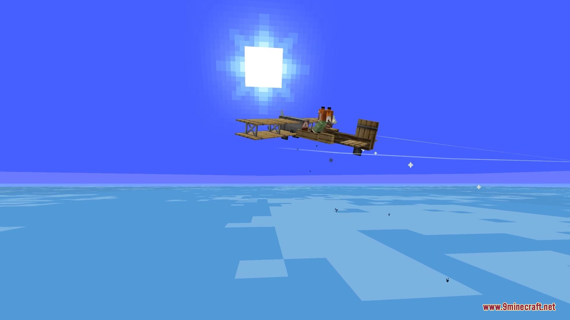 A player flying a wooden biplane at high altitude with Novums Altitude Mod