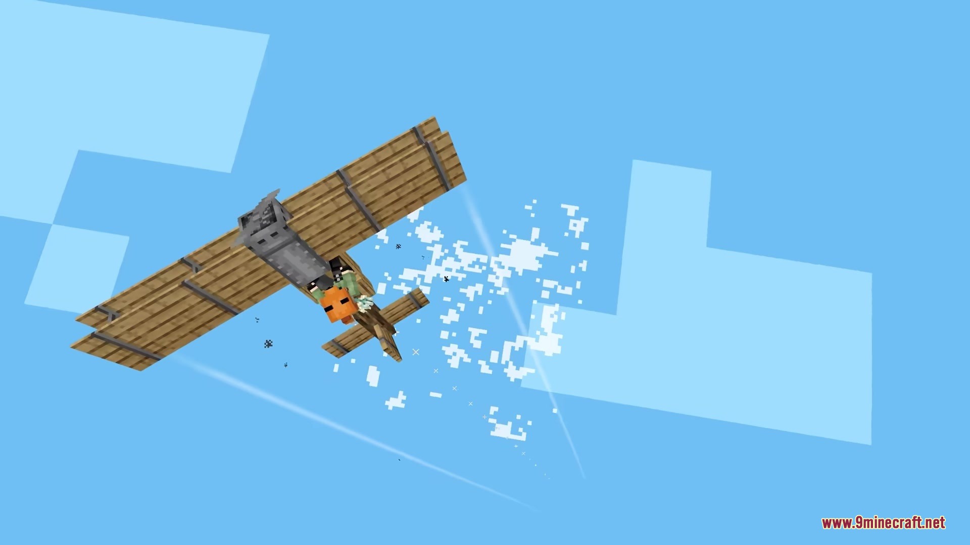 A wooden biplane diving through the sky with white clouds trailing behind it