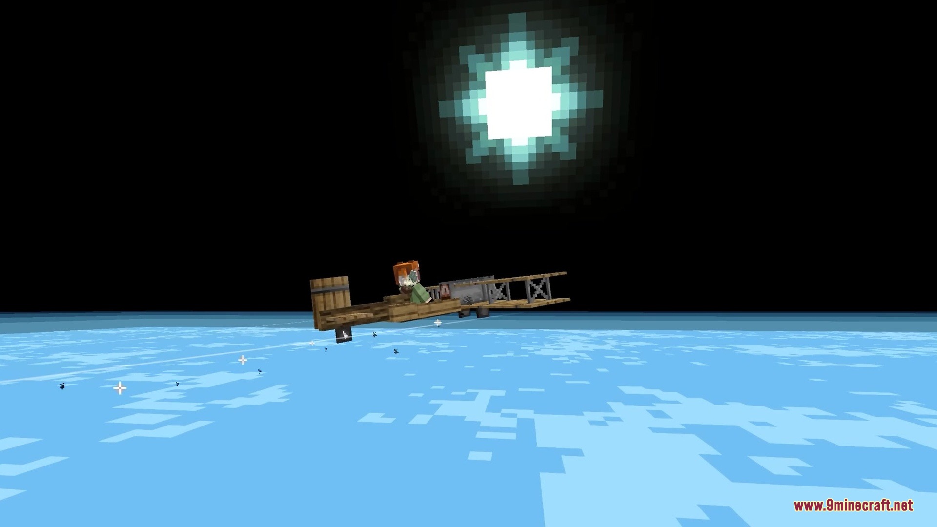 A player flies a wooden plane high above the world in space
