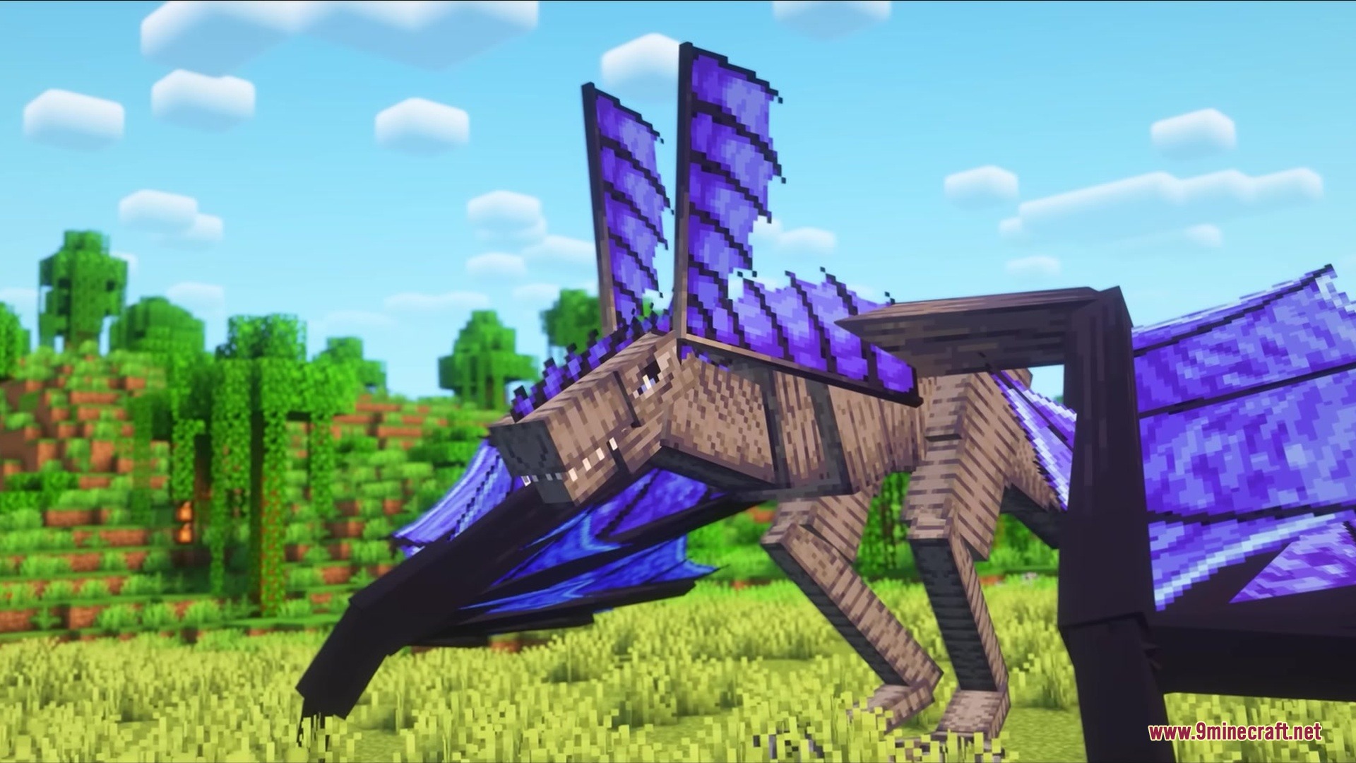 A large purple dragon stands in a grassy field under a blue sky