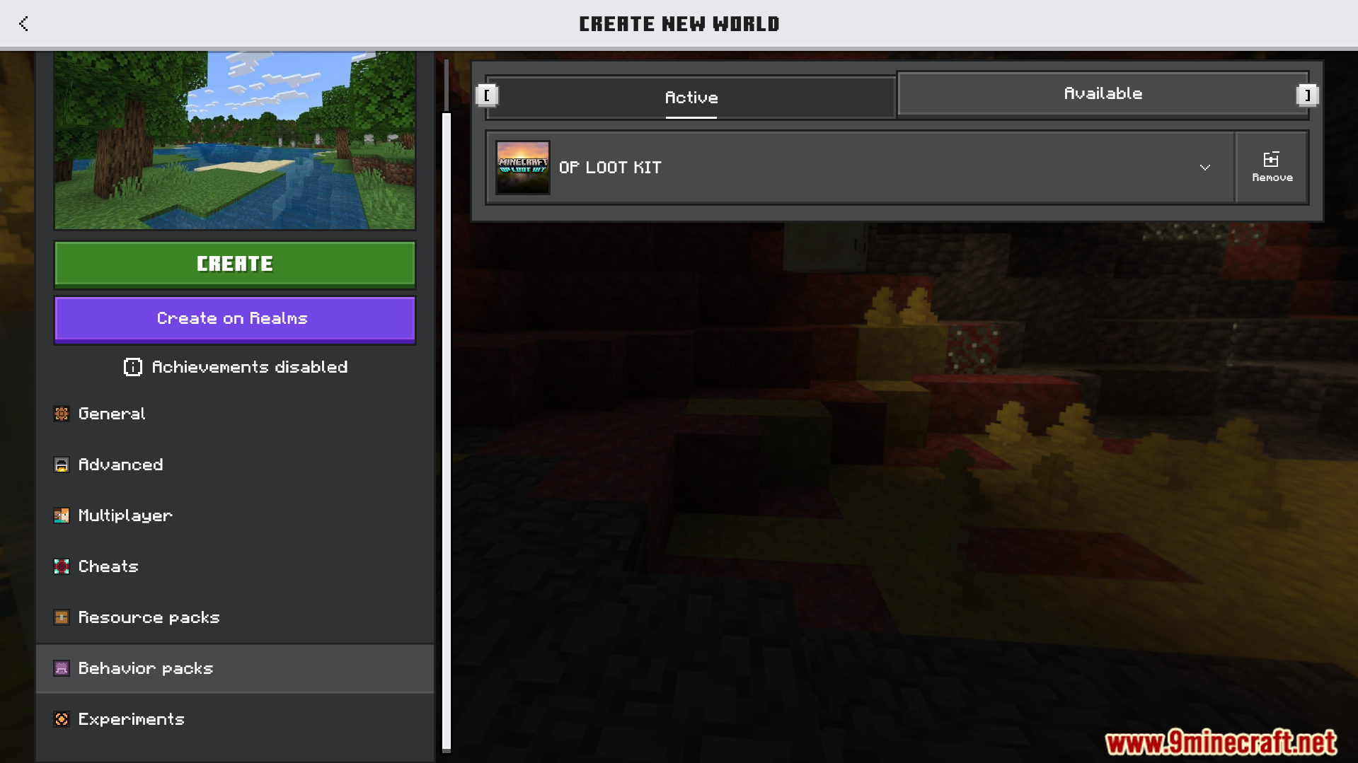 Activating the OP Loot Kit behavior pack in the create new world menu