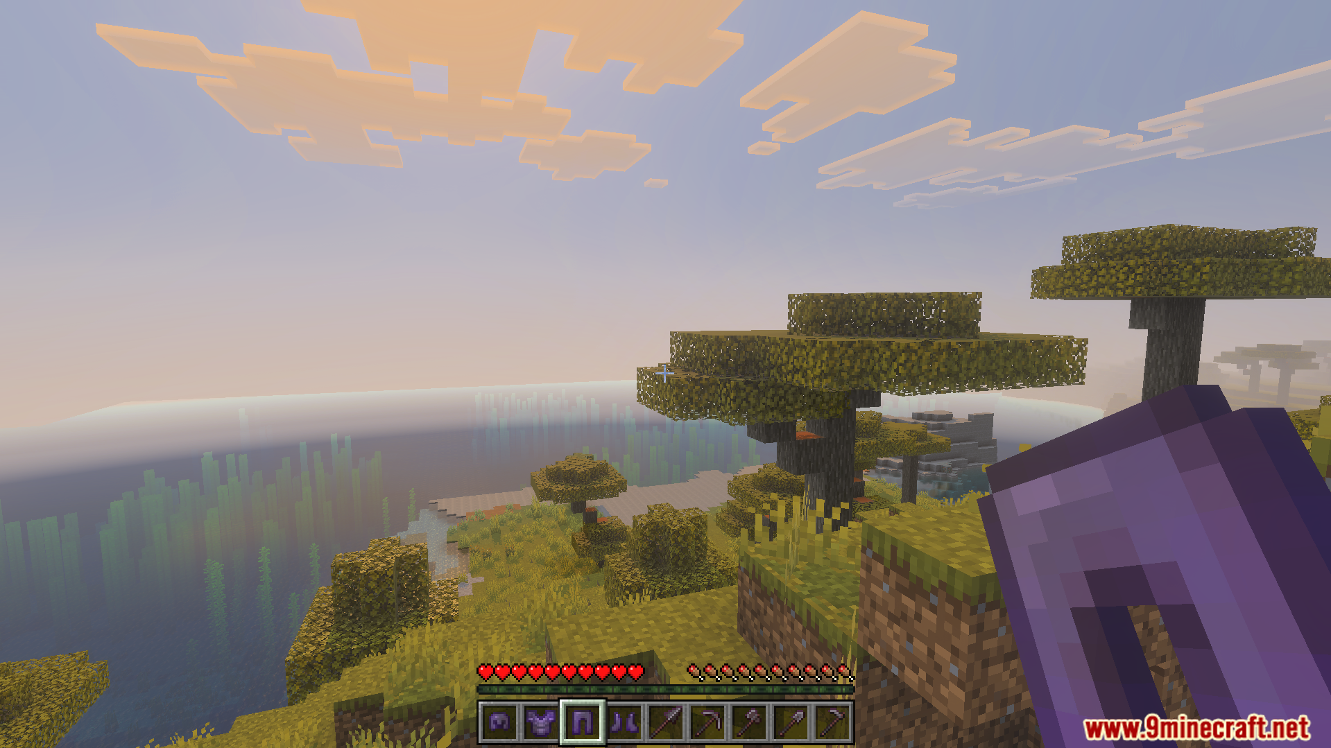 First person view of a player holding netherite leggings in a savanna biome
