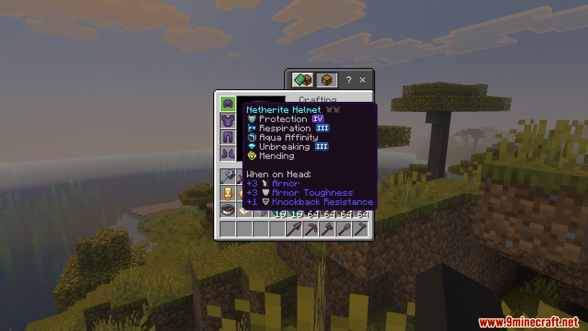 Enchanted Netherite helmet tooltip showing high level enchantments in the player inventory