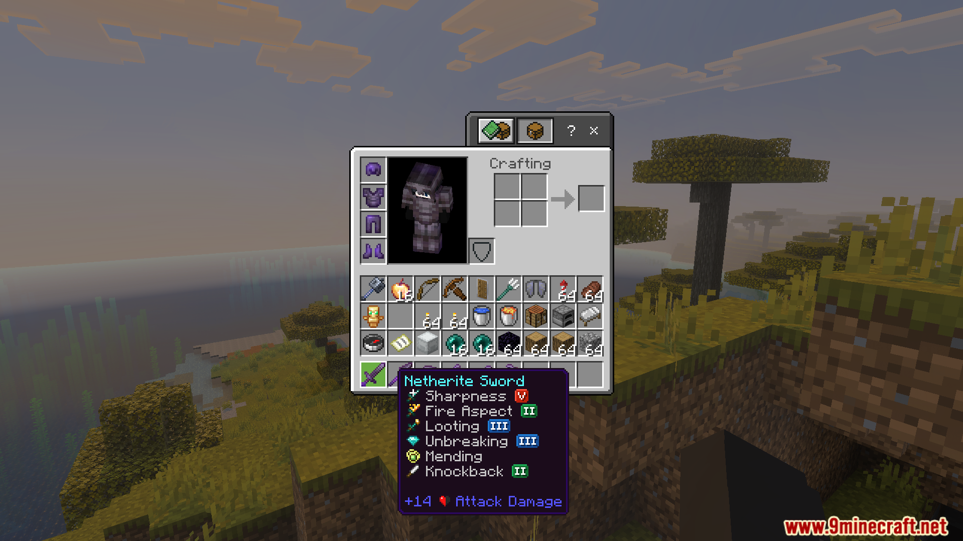 Inventory displaying full Netherite gear and enchanted weapons from OP Loot Kit Addon