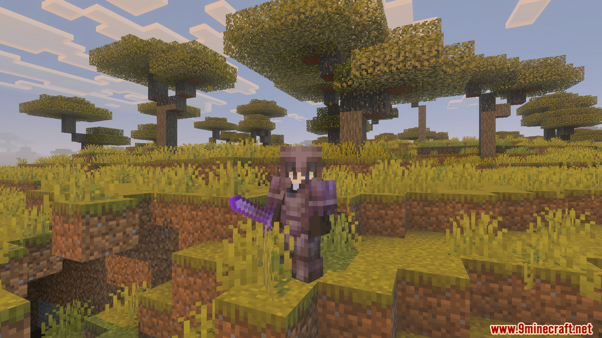 Player character wearing full Netherite armor and holding an enchanted sword in savanna