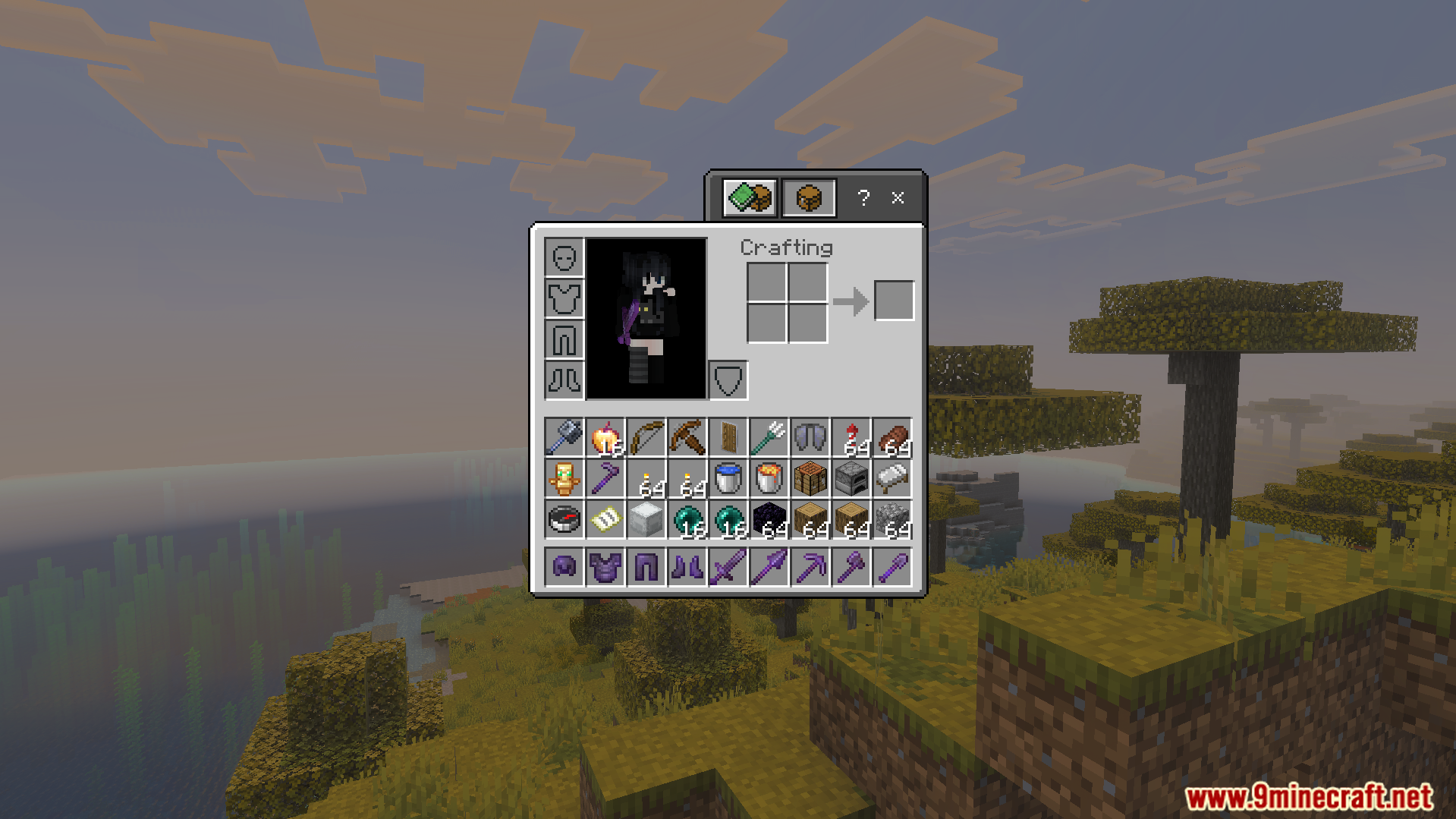 Inventory screen showing full Netherite armor and tools from OP Loot Kit Addon