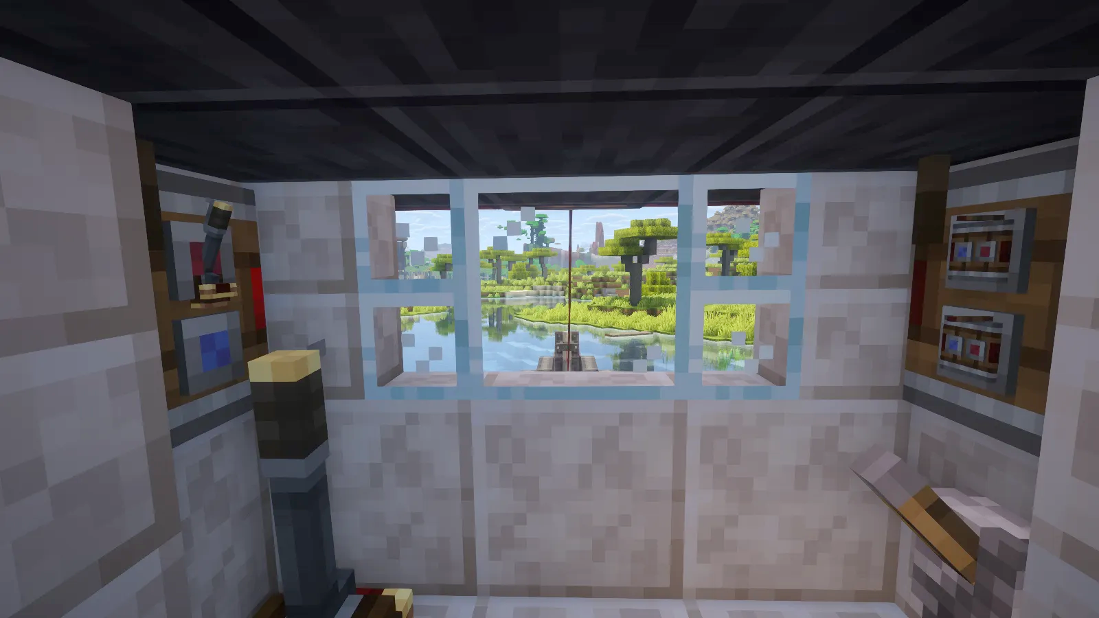 Ocean Hammer Schematic Screenshots 3 Interior view of the ship bridge looking out at a savanna biome