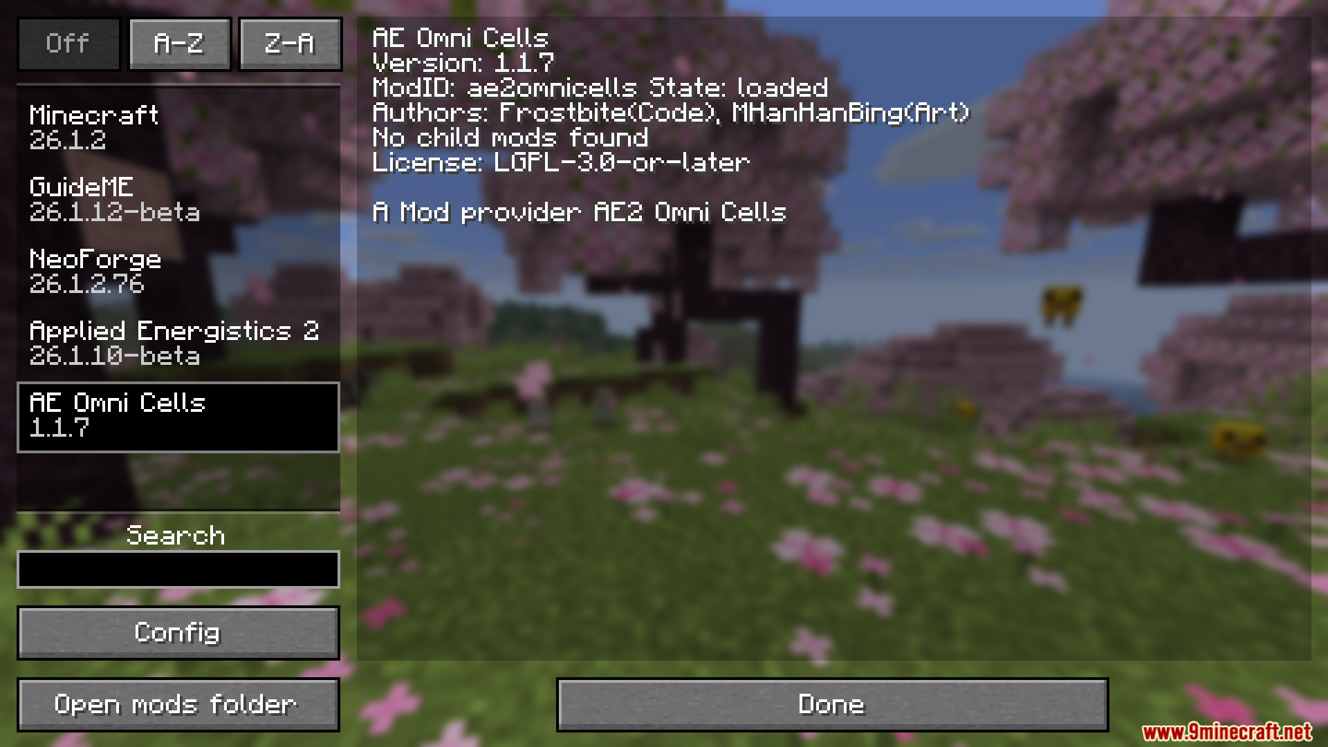 Minecraft mod menu screen showing information for the AE Omni Cells mod