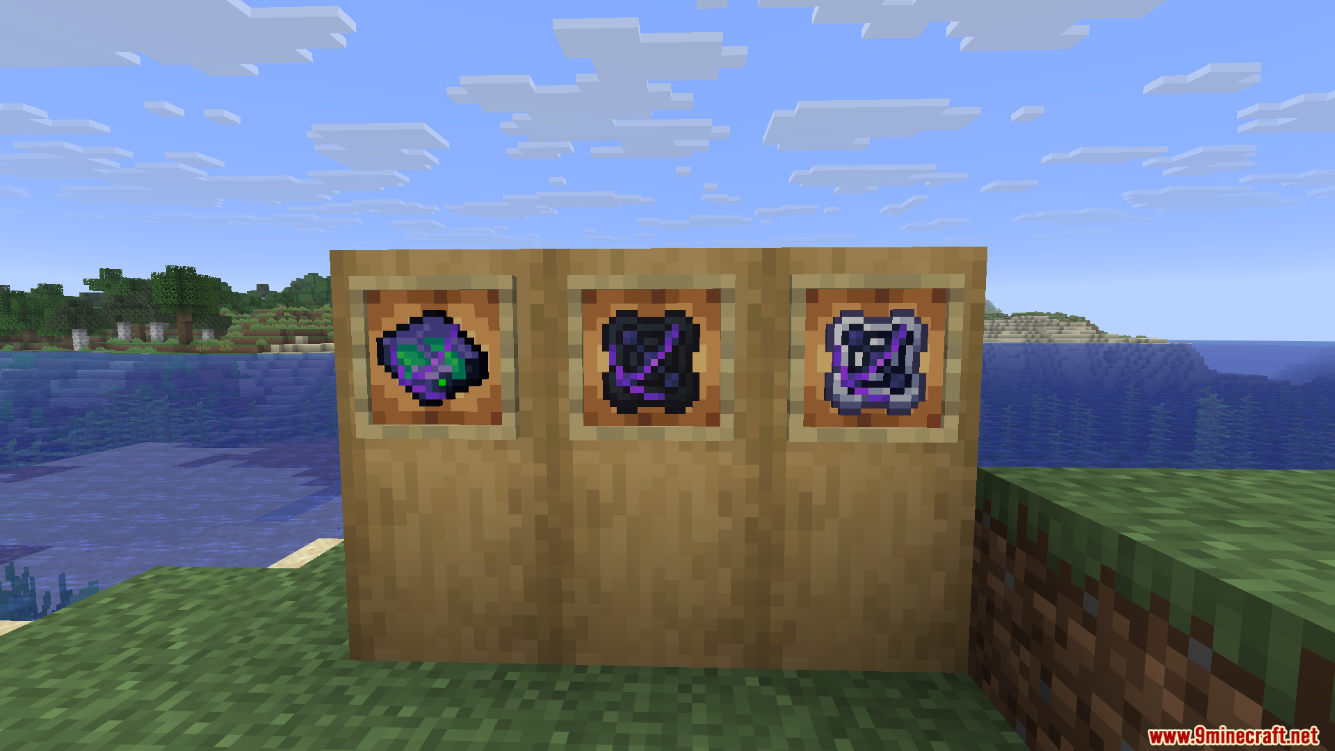Three storage cell items displayed in item frames on a wooden wall