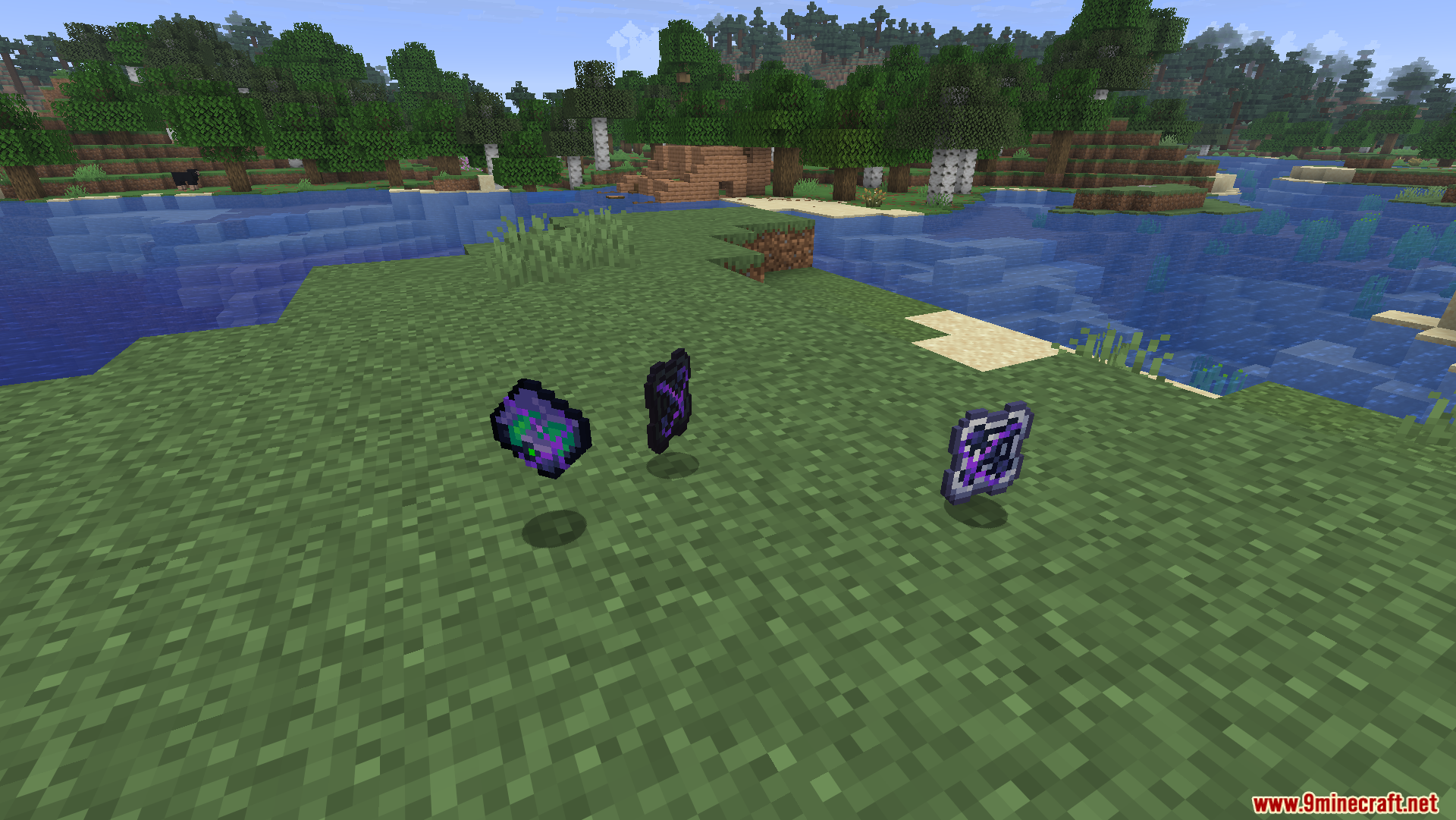 Three purple storage cells floating on a grassy field in a Minecraft world